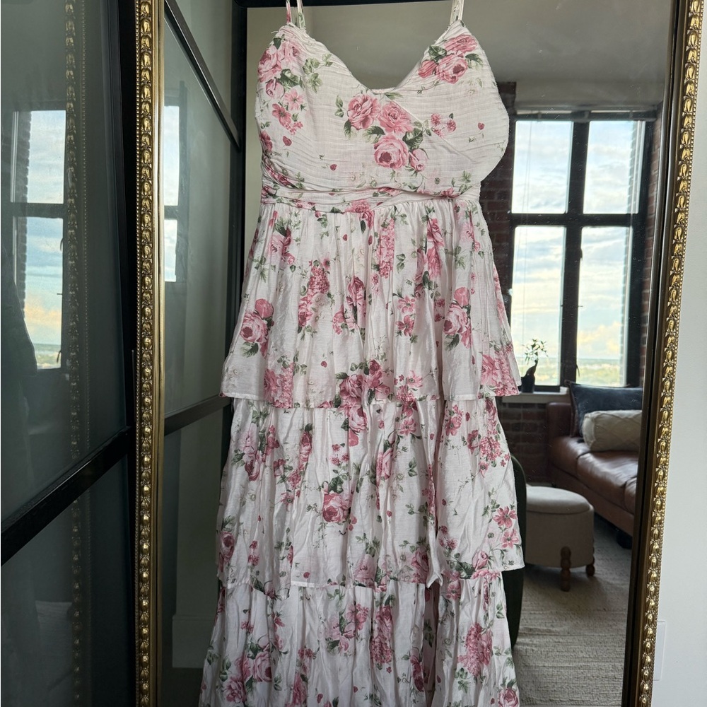 Floral White and Pink Midi Dress